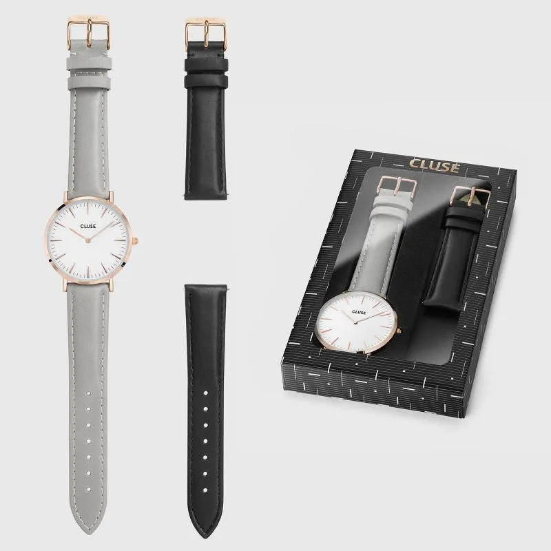 Coffret cadeau Montre CLUSE La Bohme Rose Gold/White avec bracelets Grey et Black
