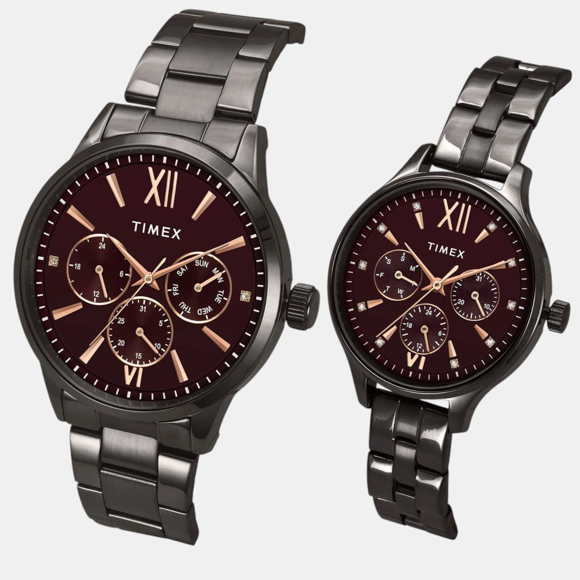 Couple Quartz Burgundy Dial Multi-Function Stainless Steel Watch TW00PR314