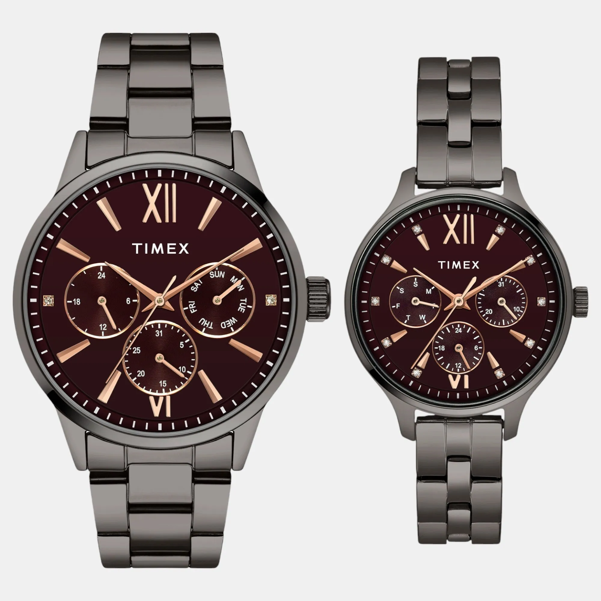 Couple Quartz Burgundy Dial Multi-Function Stainless Steel Watch TW00PR314