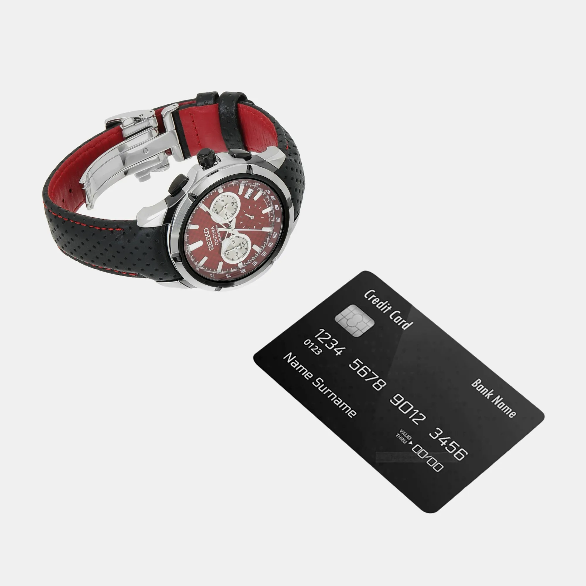 Coutura Men Quartz Red Dial Chronograph Leather Watch SSB435P9