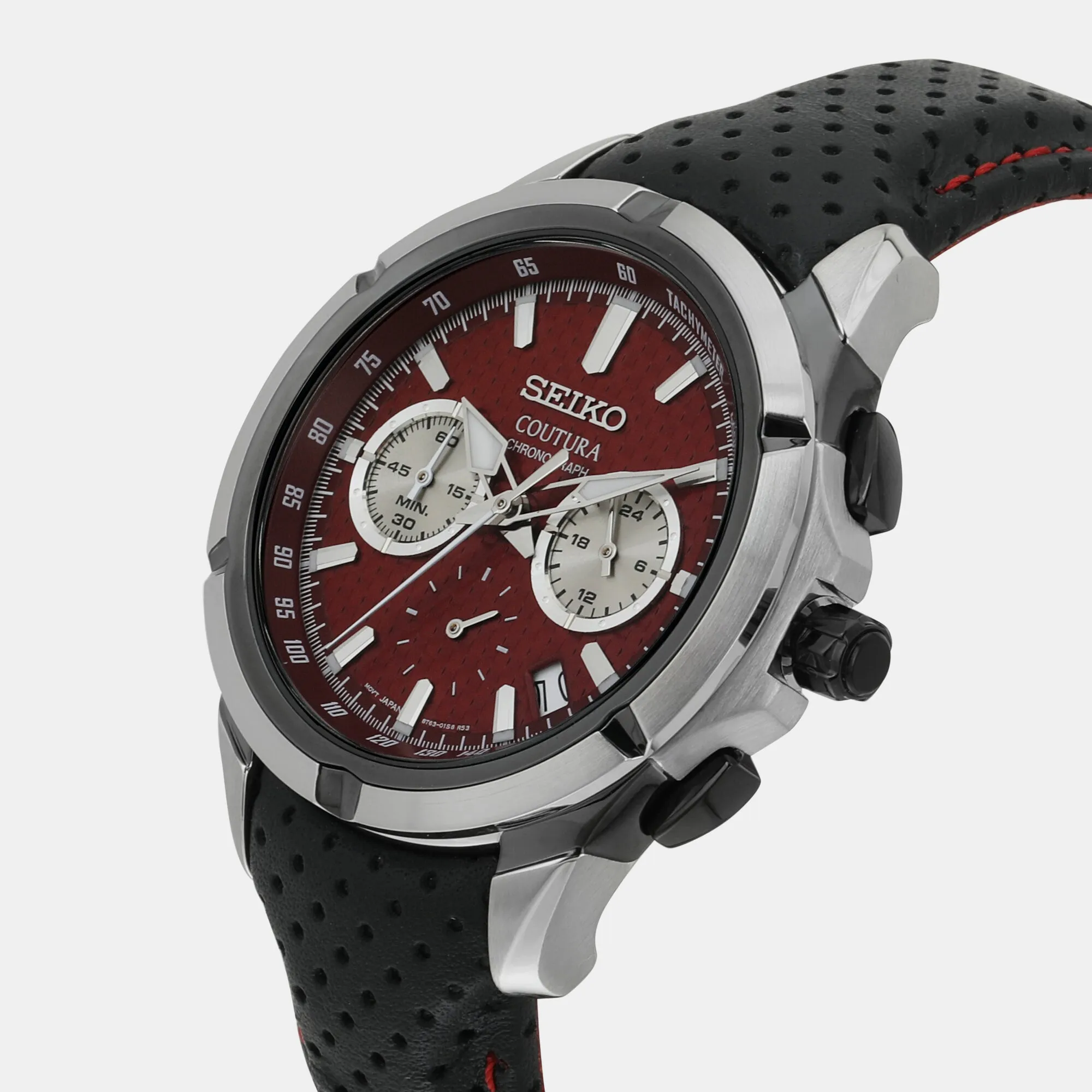 Coutura Men Quartz Red Dial Chronograph Leather Watch SSB435P9