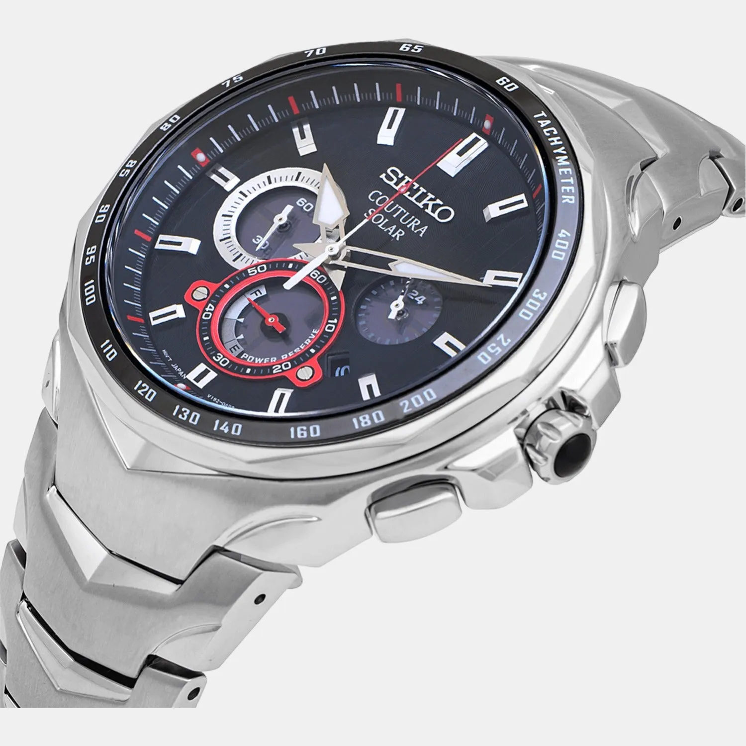 Coutura Men Solar Black Dial Chronograph Stainless Steel Watch SSC743P9