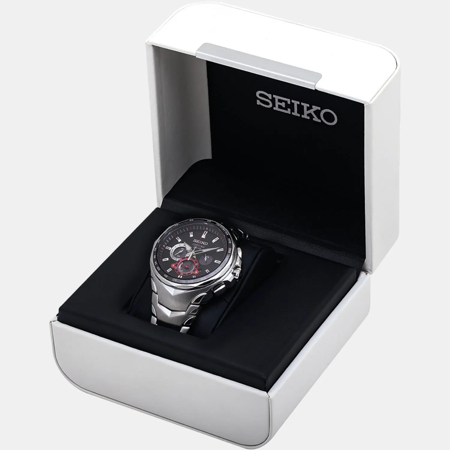 Coutura Men Solar Black Dial Chronograph Stainless Steel Watch SSC743P9