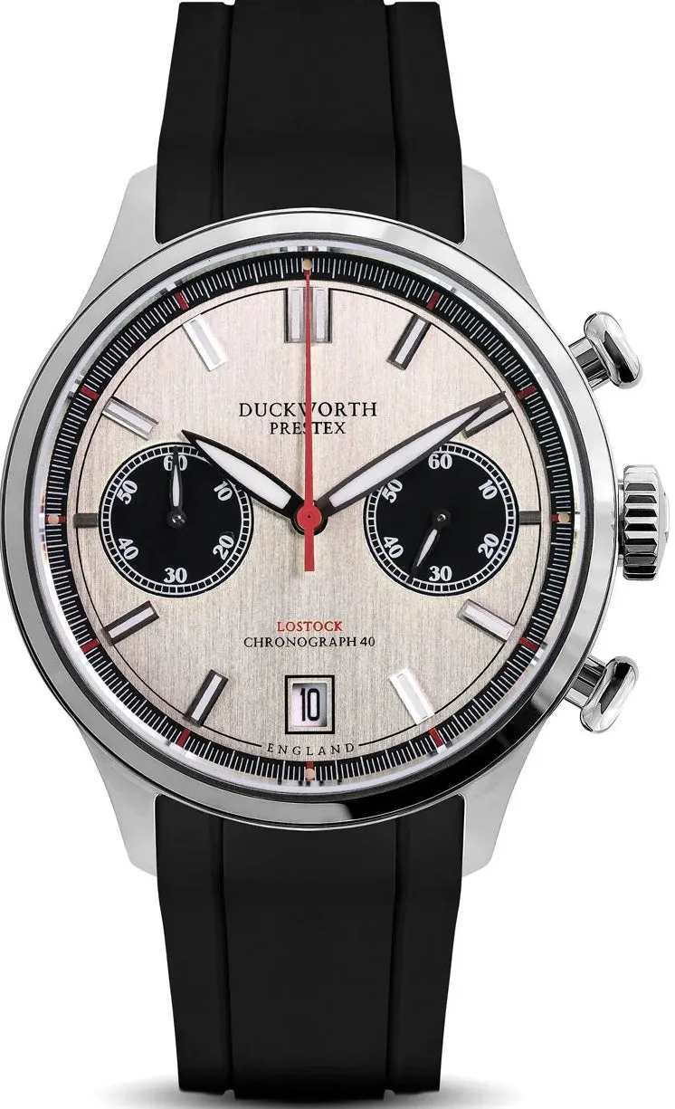Duckworth Prestex Lostock Silver 40mm Quartz Chronograph Black Rubber Watch