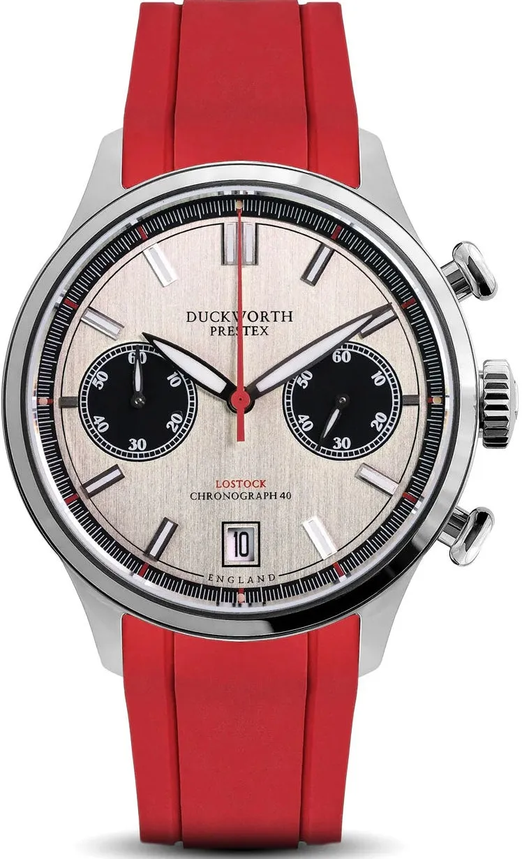 Duckworth Prestex Lostock Silver 40mm Quartz Chronograph Red Rubber Watch