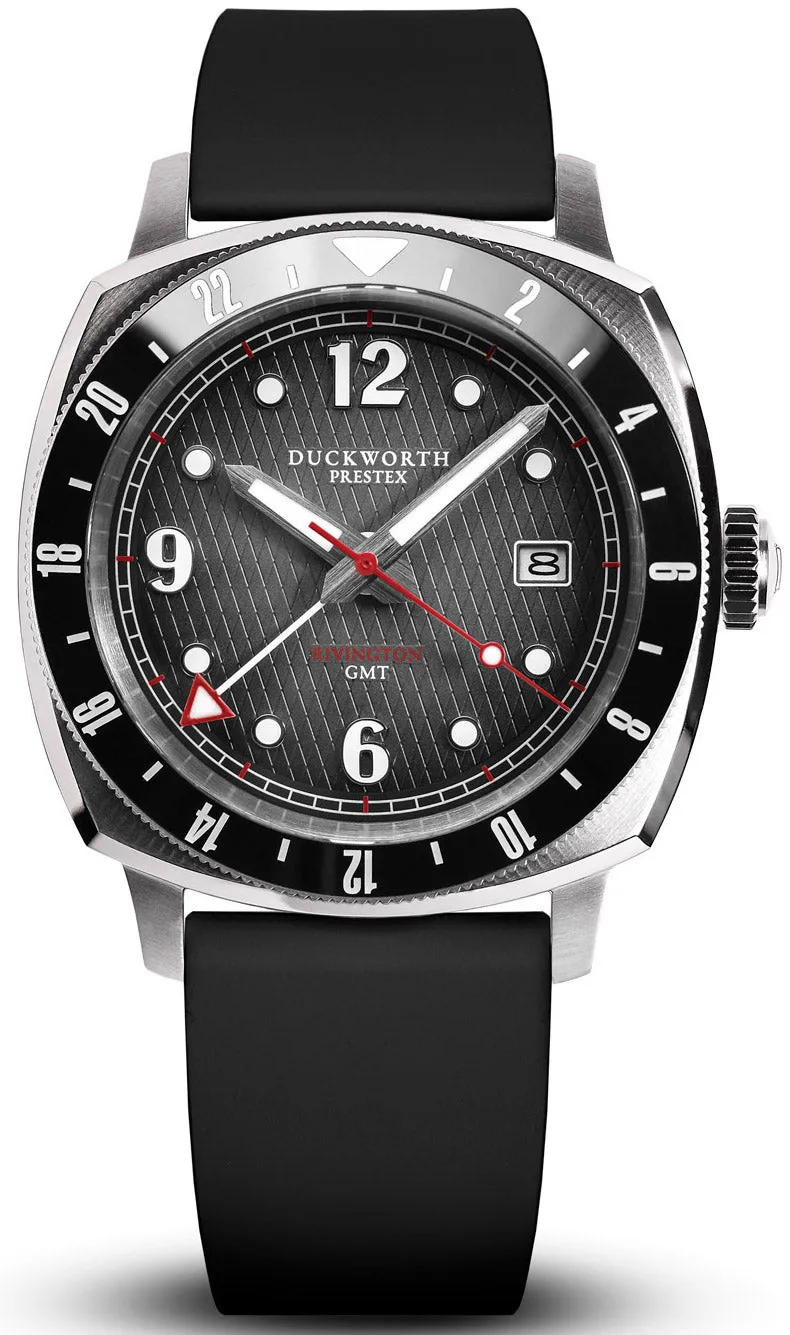Duckworth Prestex Rivington GMT Black Grey Fume Black Rubber Watch