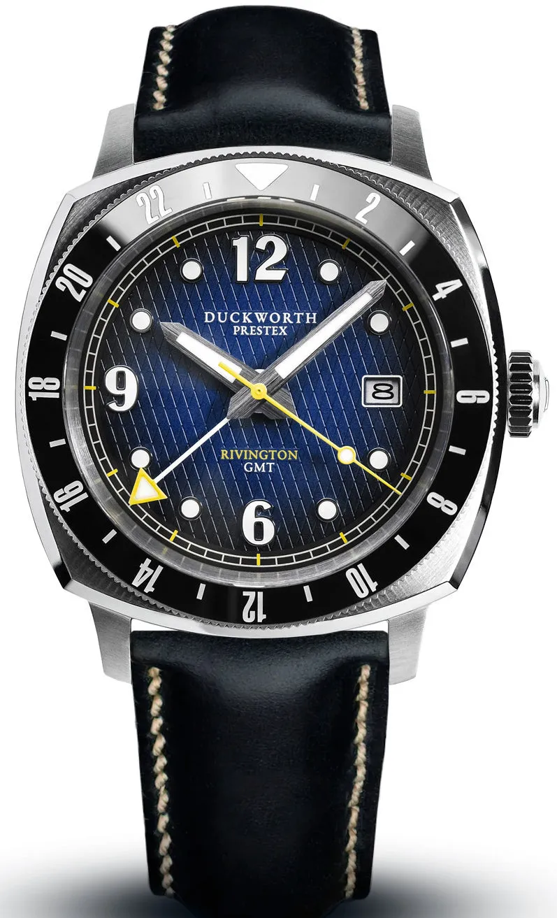 Duckworth Prestex Rivington GMT Blue Fume Black Leather Watch