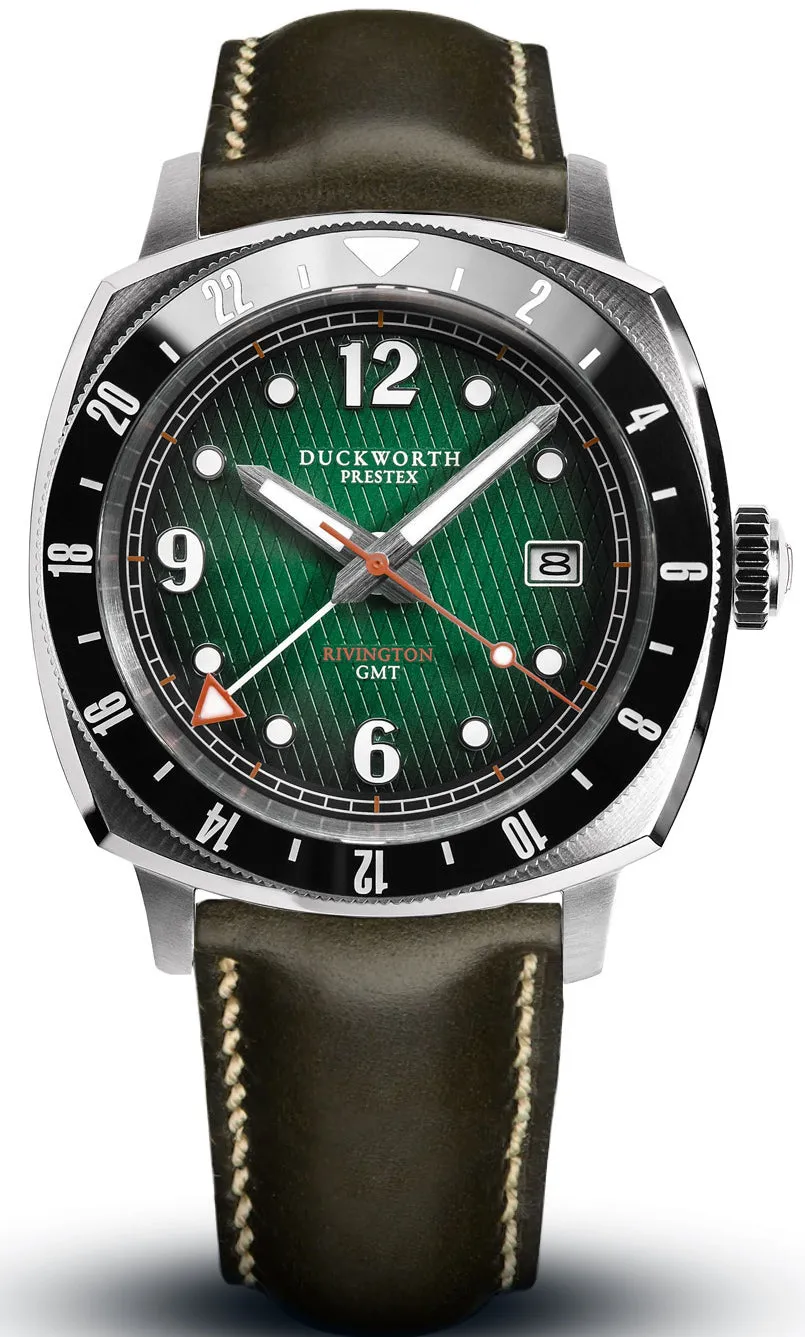 Duckworth Prestex Rivington GMT Green Fume Olive Green Leather Watch
