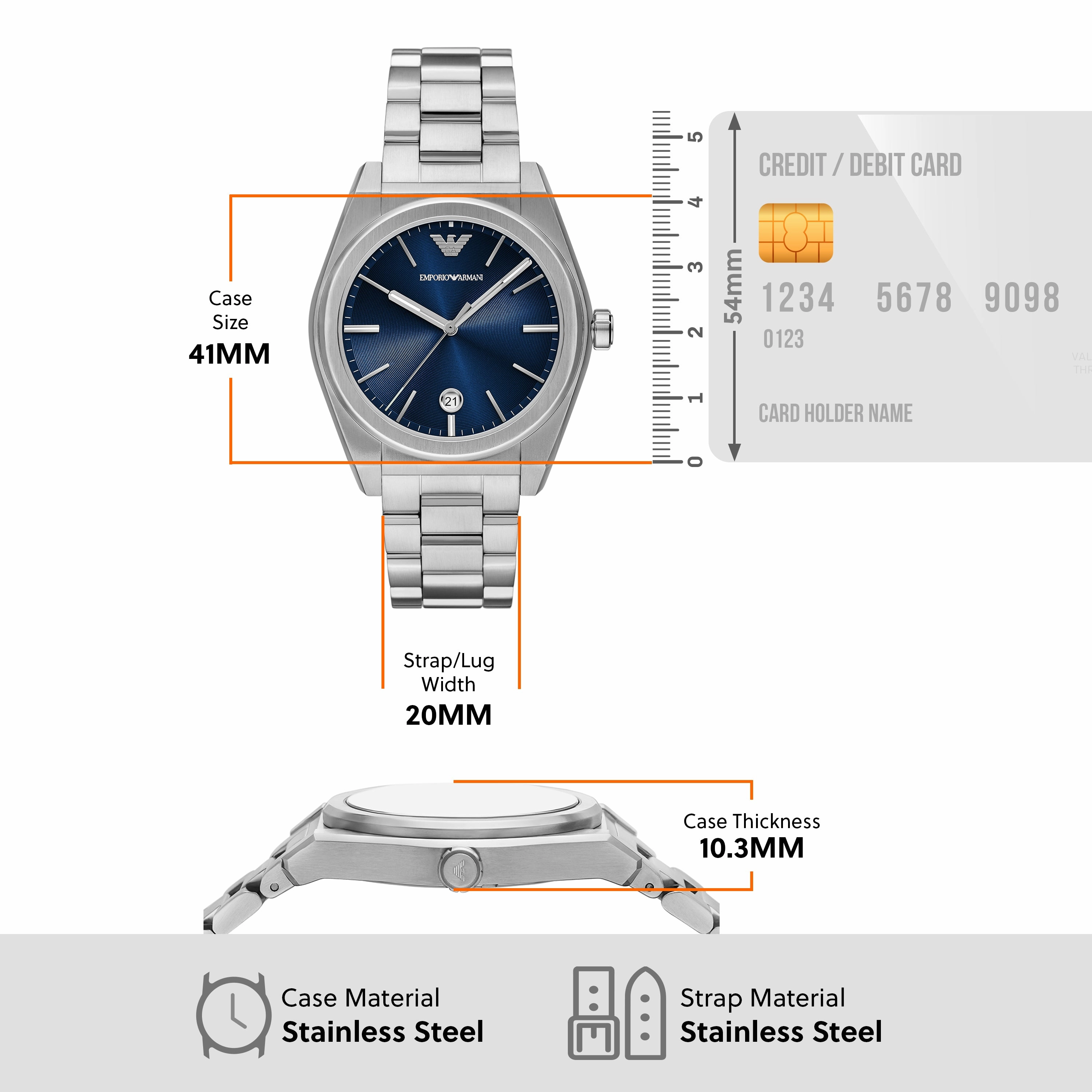 Emporio Armani Three-Hand Date Blue Dial Stainless Steel Watch AR11620