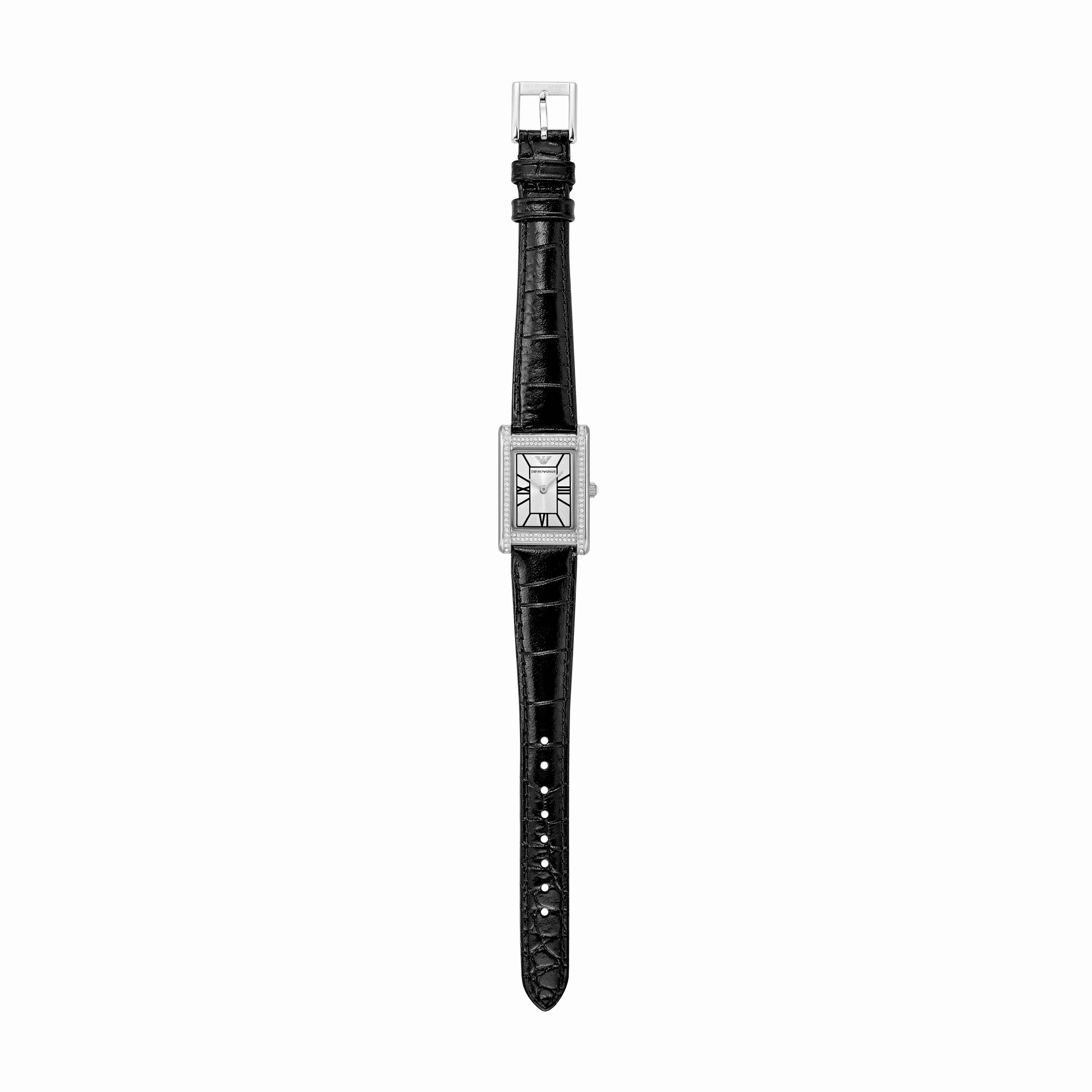 Emporio Armani Two-Hand Silver Dial Black Leather Strap Watch AR11623