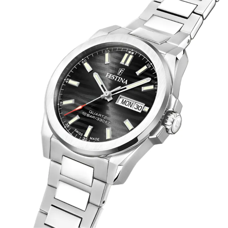 Festina Swiss Made Black Dial Stainless Steel Watch f20073/5