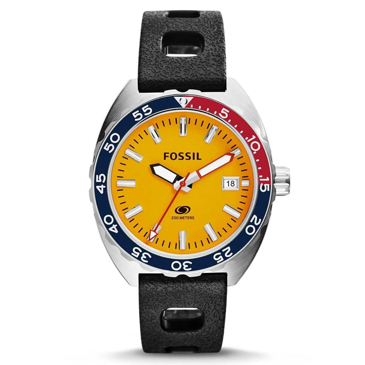 Fossil Men's Strap Watch - Breaker Orange Dial Quartz Dive Black Silicone | FS5052