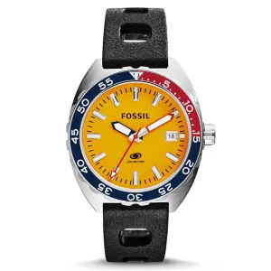 Fossil Men's Strap Watch - Breaker Orange Dial Quartz Dive Black Silicone | FS5052