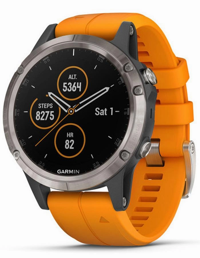 Garmin Fenix 5 Plus Sapphire Multisport Watch - Stainless Steel - Orange Strap