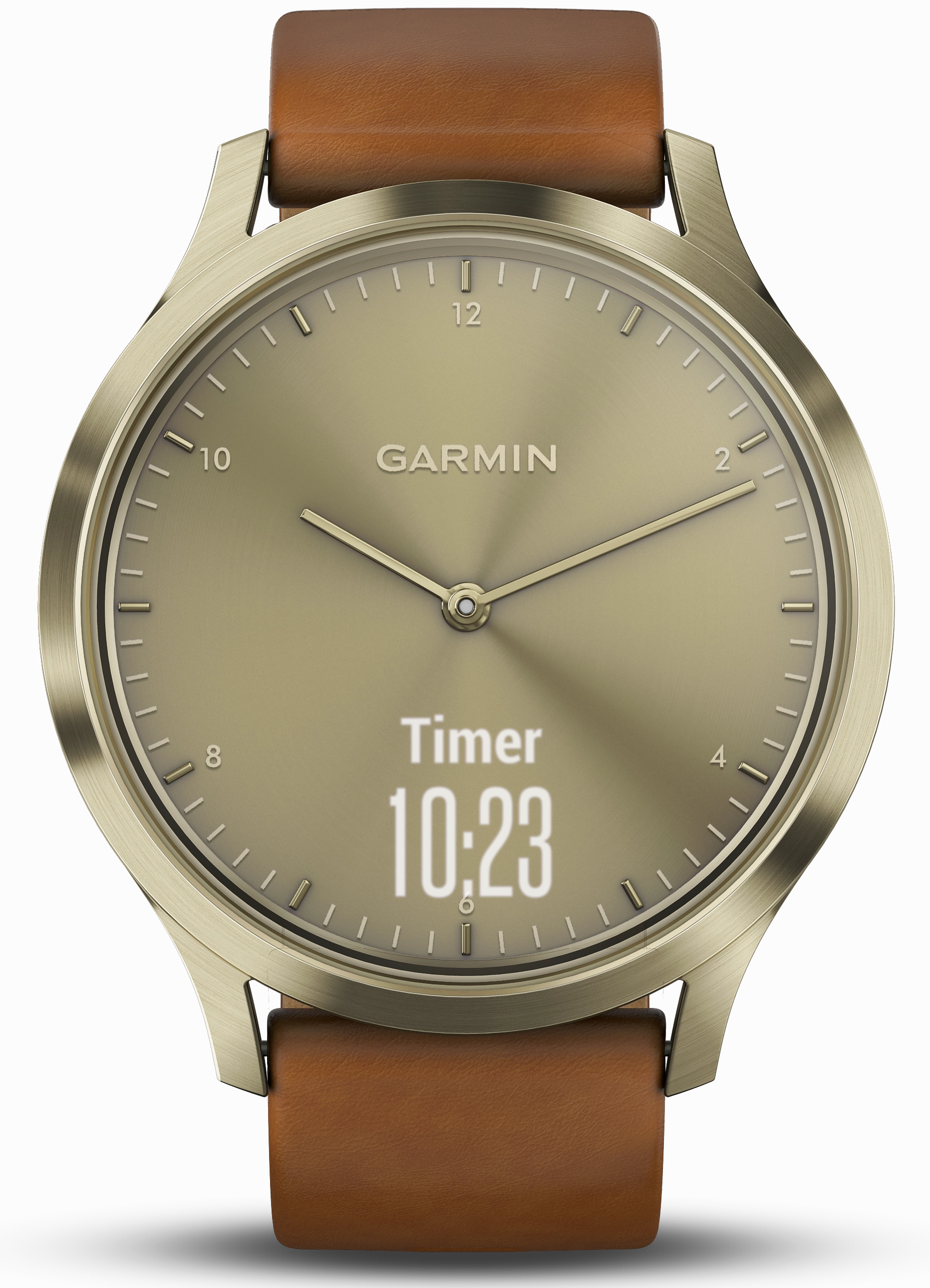 Garmin Watch Vivomove HR Gold Tone with Light Brown Leather Band D