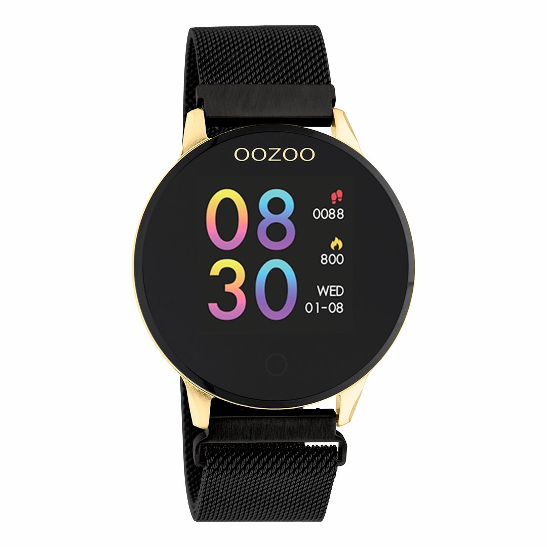 Gold coloured OOZOO smartwatch with black metal mesh bracelet - Q00122