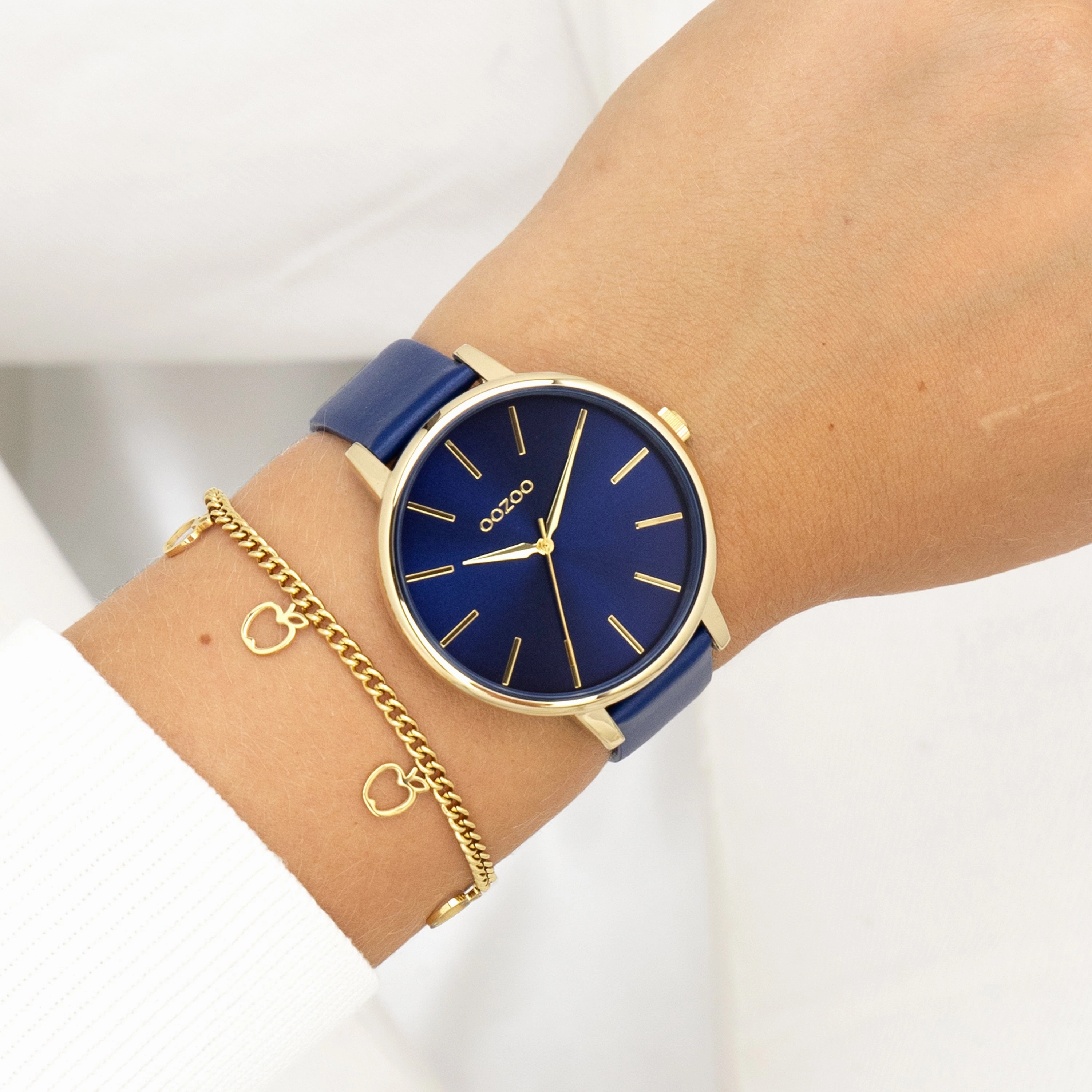 Gold coloured OOZOO watch with dark blue leather strap - C11292