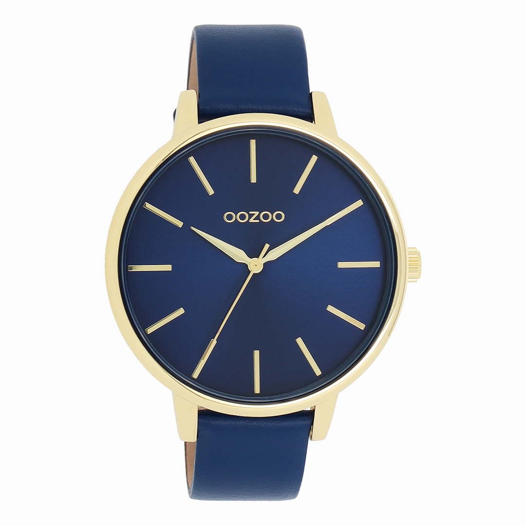 Gold coloured OOZOO watch with dark blue leather strap - C11292