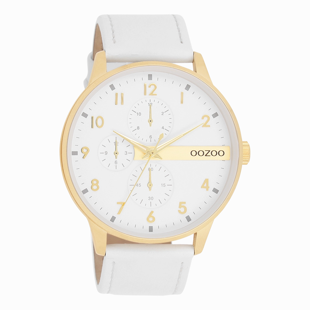 Gold coloured OOZOO watch with white leather strap - C11305
