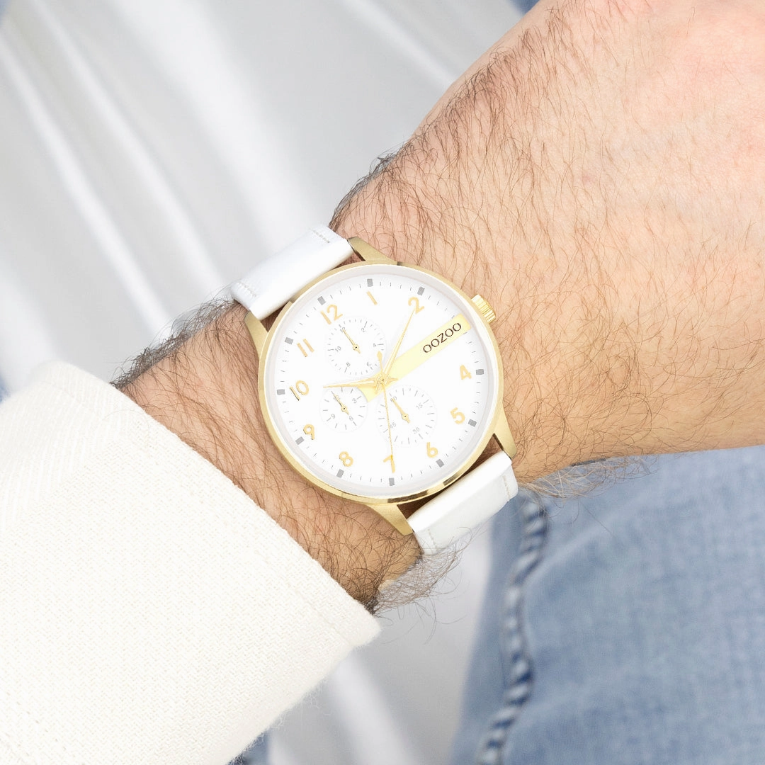 Gold coloured OOZOO watch with white leather strap - C11305