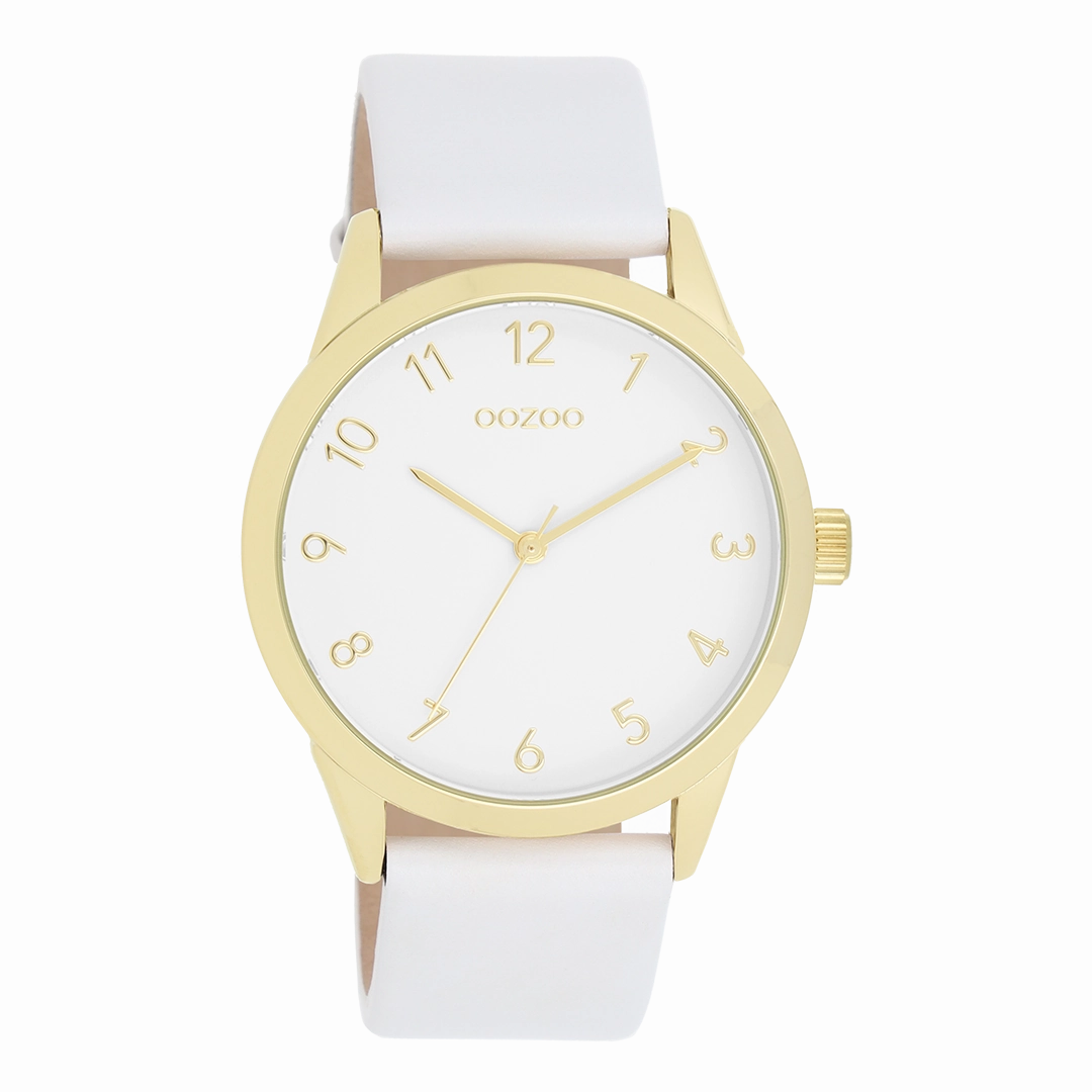 Gold coloured OOZOO watch with white leather strap - C11325