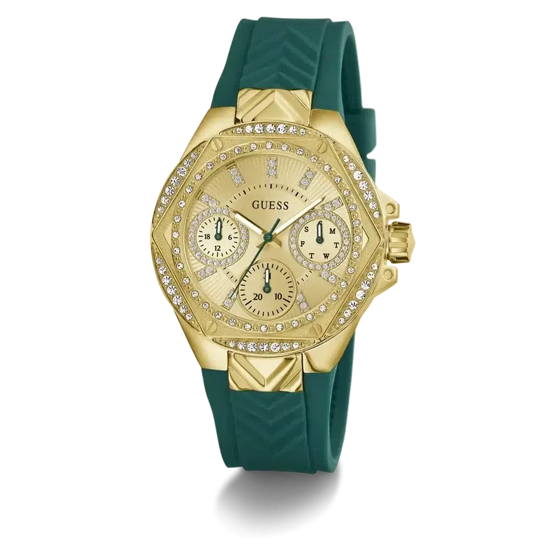 Guess Ladies Green Gold Tone Multi-function Watch