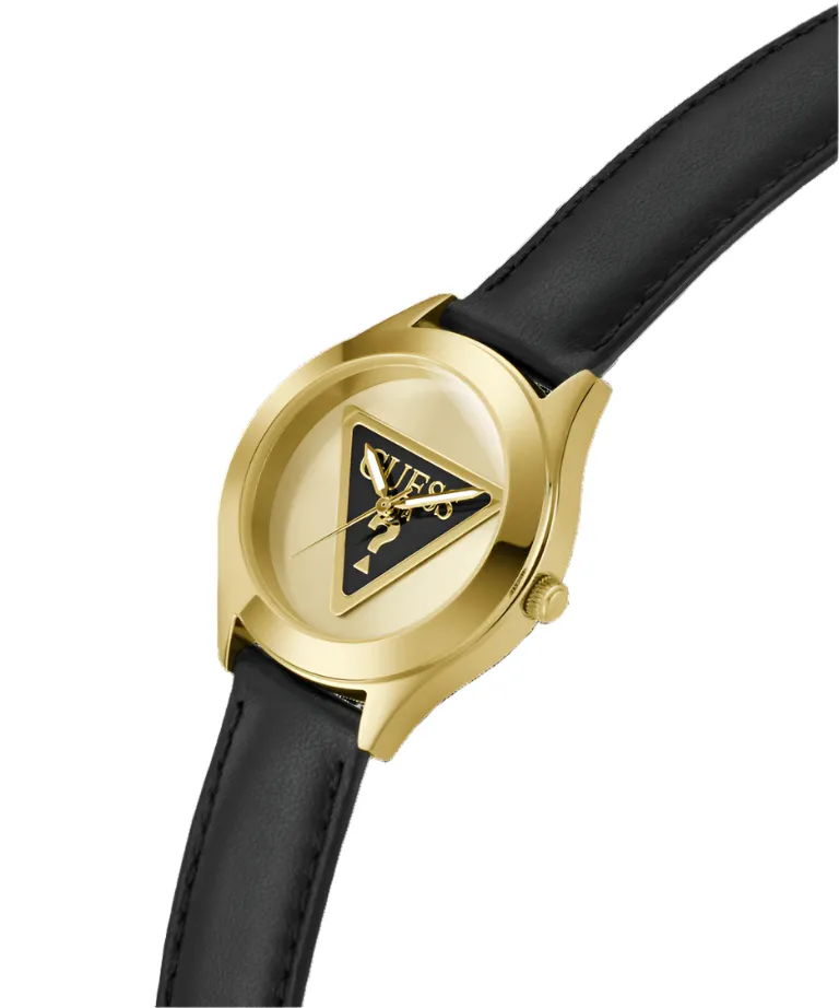 Guess Tri Plaque Gold Black Leather Strap Watch GW0744L2