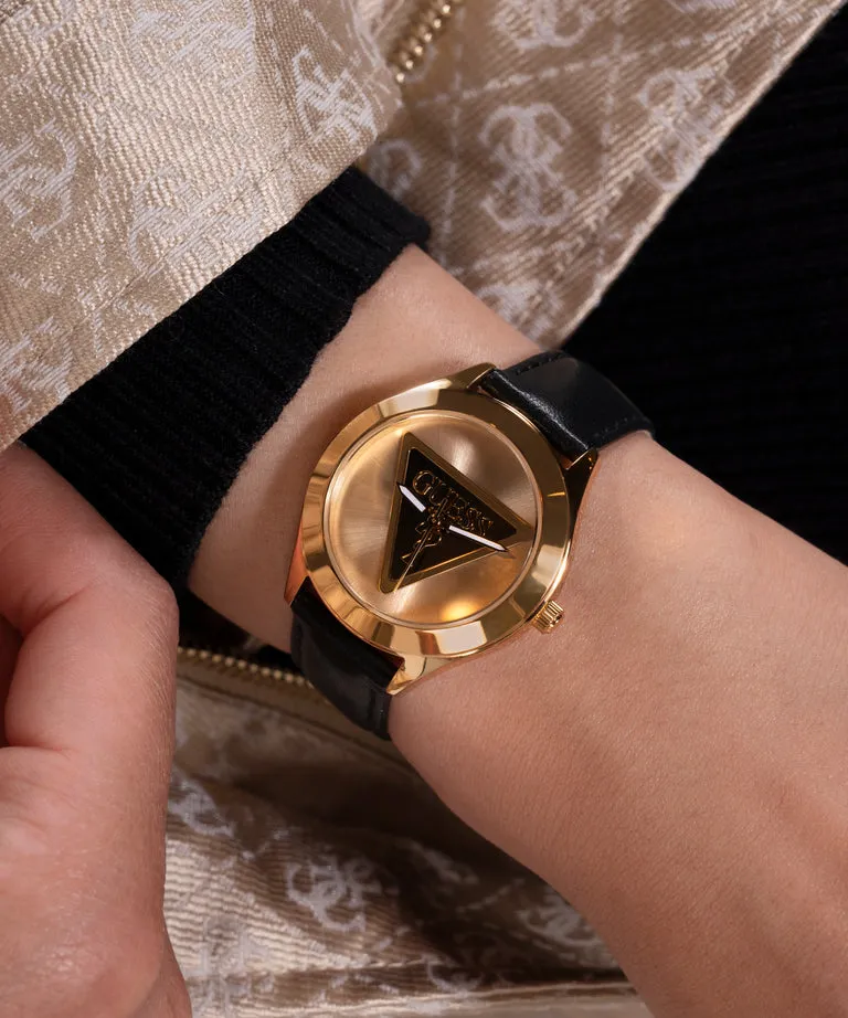 Guess Tri Plaque Gold Black Leather Strap Watch GW0744L2