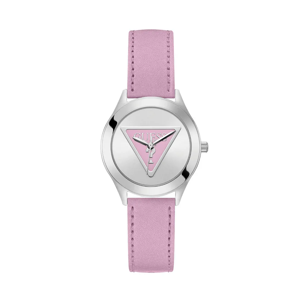 Guess Tri Plaque Silver Pink Leather Strap Watch GW0744L1