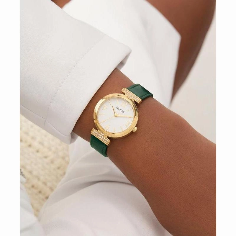 Guess Ladies Green Gold Tone Analog Watch