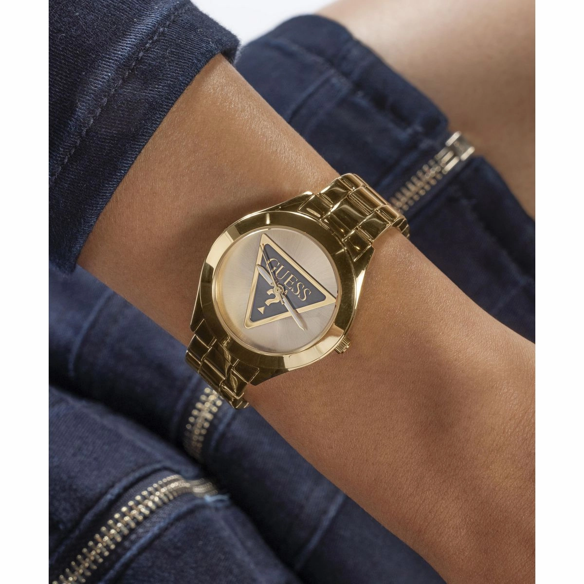 Guess Tri Plaque Champagne Dial Gold Stainless Steel Watch GW0675L2