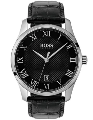 Hugo Boss Mens Master Watch - Stainless Steel - Date - Black Croc Leather Strap