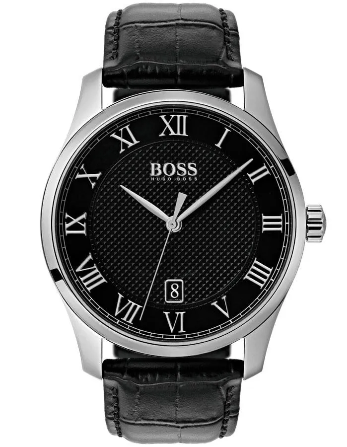 Hugo Boss Mens Master Watch - Stainless Steel - Date - Black Croc Leather Strap