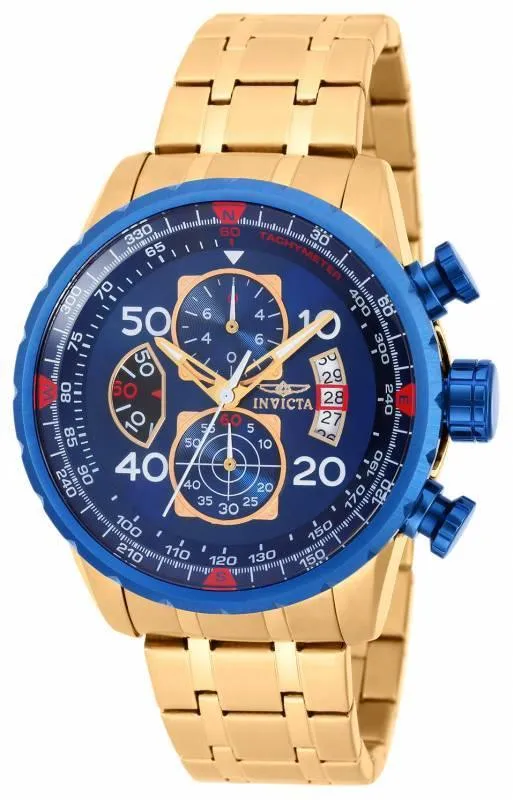 Invicta 19173 Men's Yellow Steel Bracelet Quartz Aviator Chrono Blue Dial Compass Watch
