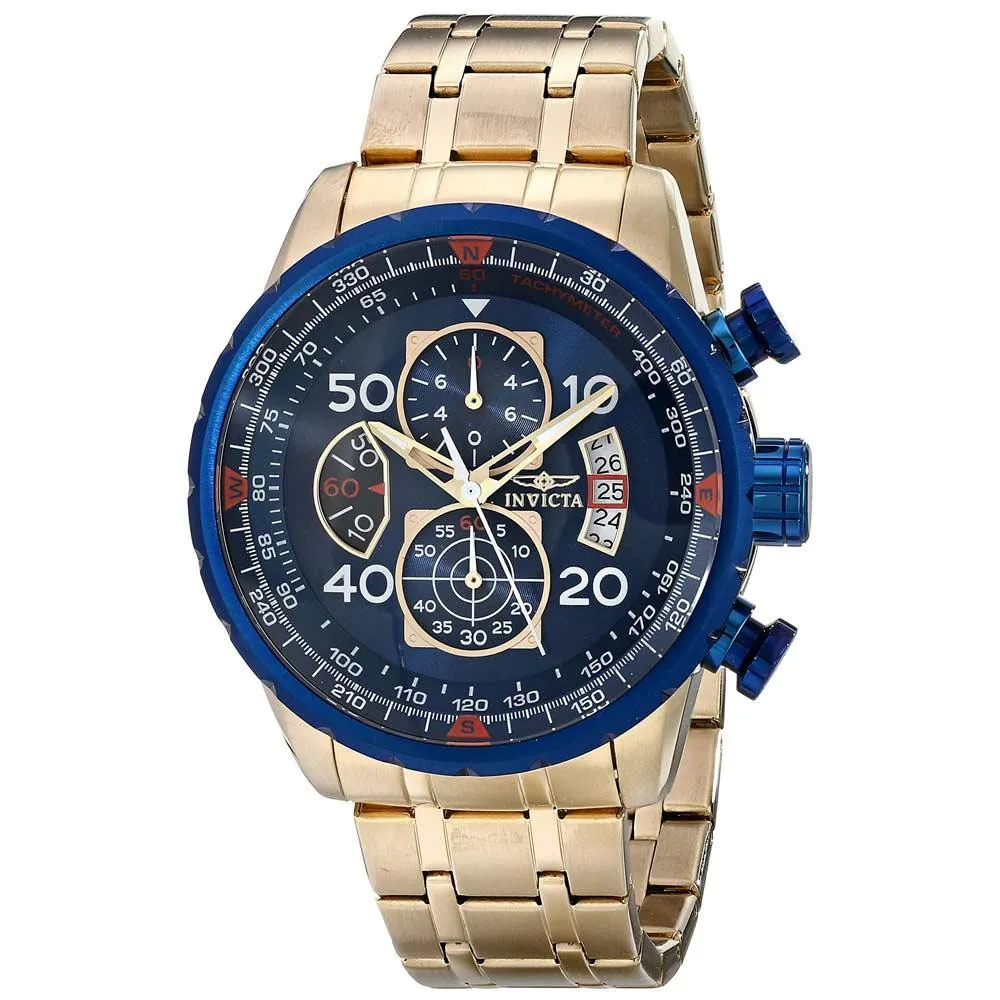 Invicta 19173 Men's Yellow Steel Bracelet Quartz Aviator Chrono Blue Dial Compass Watch