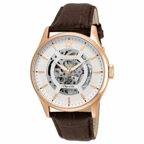 Invicta 22596 Men's Objet D Art White & Silver Skeleton Dial Brown Leather Strap Automatic Watch
