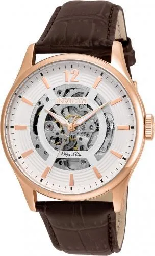 Invicta 22596 Men's Objet D Art White & Silver Skeleton Dial Brown Leather Strap Automatic Watch