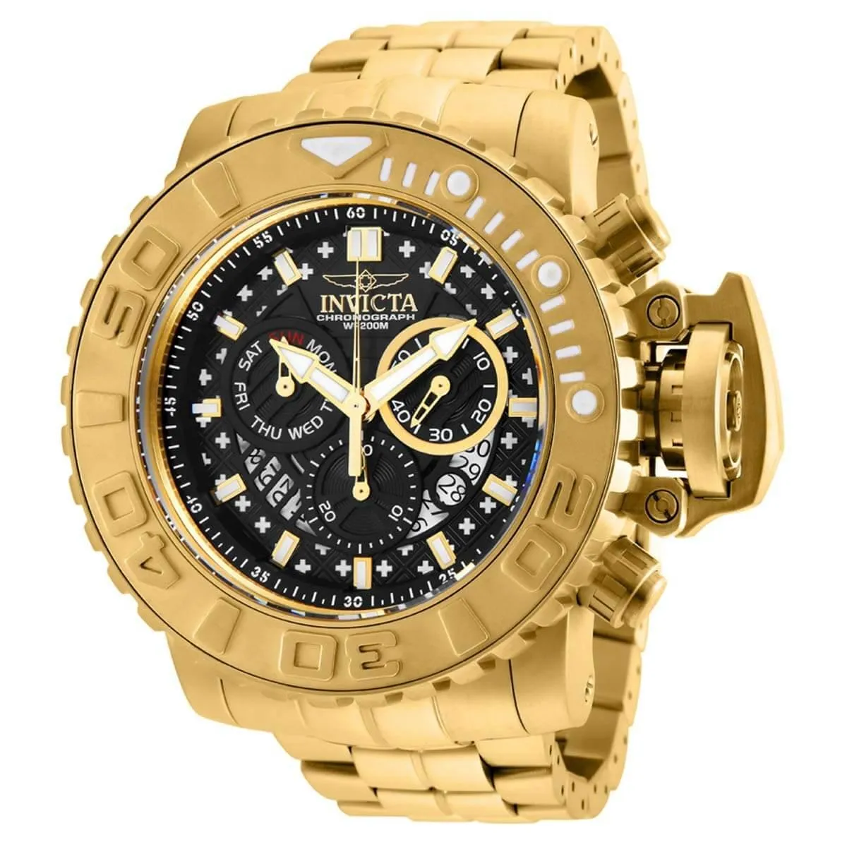 Invicta Men's Chronograph Watch - Sea Hunter Black Dial Yellow Gold Bracelet | 26107