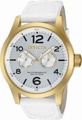 Invicta Mens Specialty - Gold-Tone - Genuine Calf Leather - Silver Dial