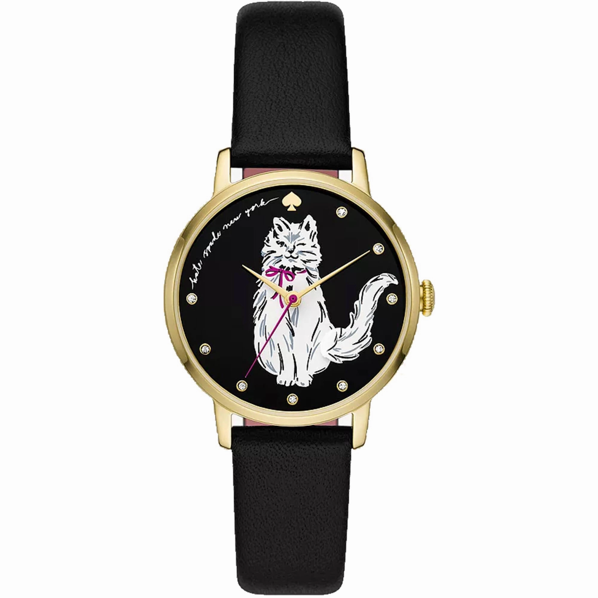 Kate Spade Women's Watch - Metro Yellow Gold Case Black Dial Leather Strap | KSW1844