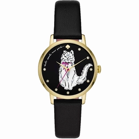 Kate Spade Women's Watch - Metro Yellow Gold Case Black Dial Leather Strap | KSW1844