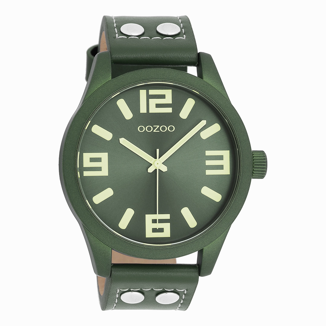Light blue OOZOO watch with forest green leather strap - C1093