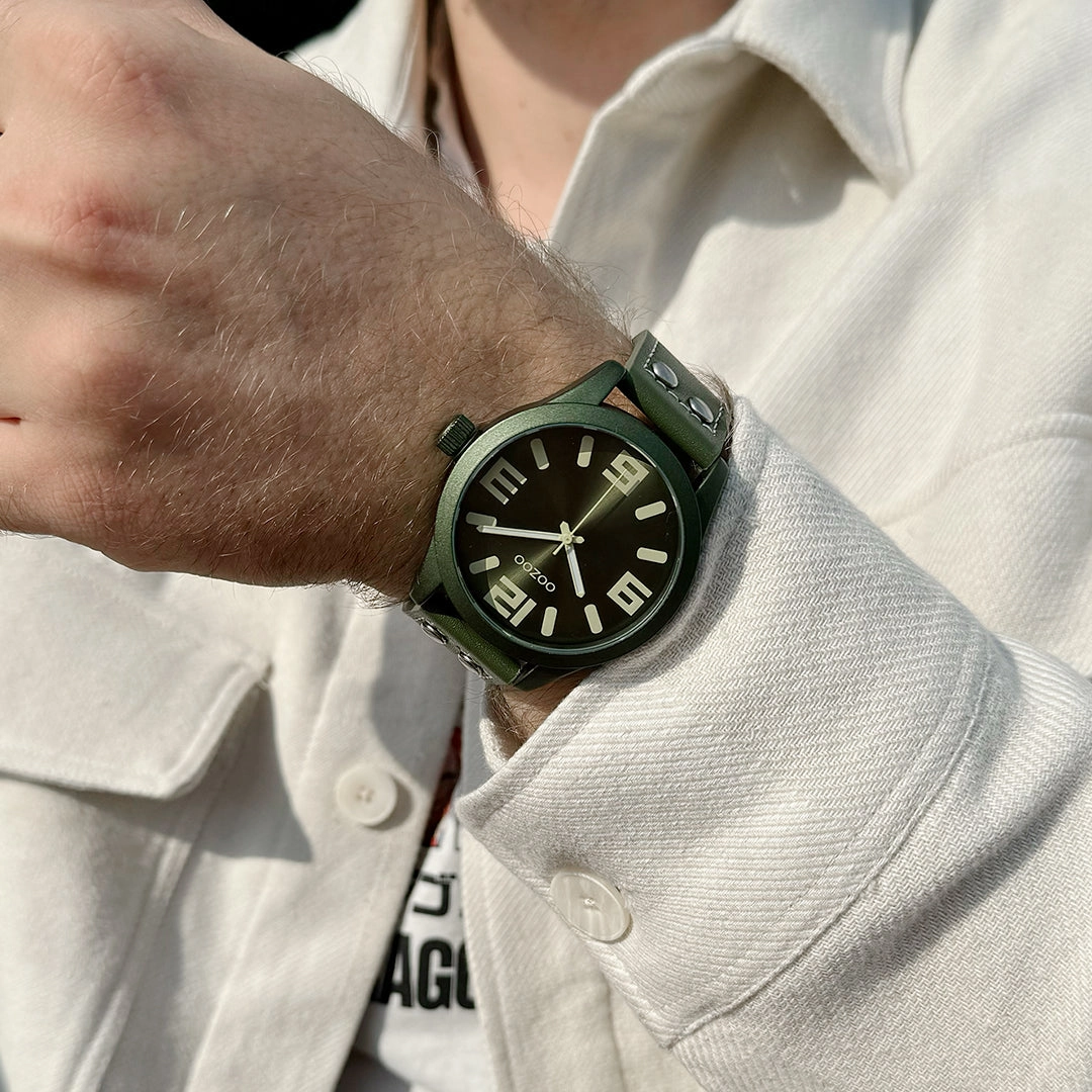 Light blue OOZOO watch with forest green leather strap - C1093