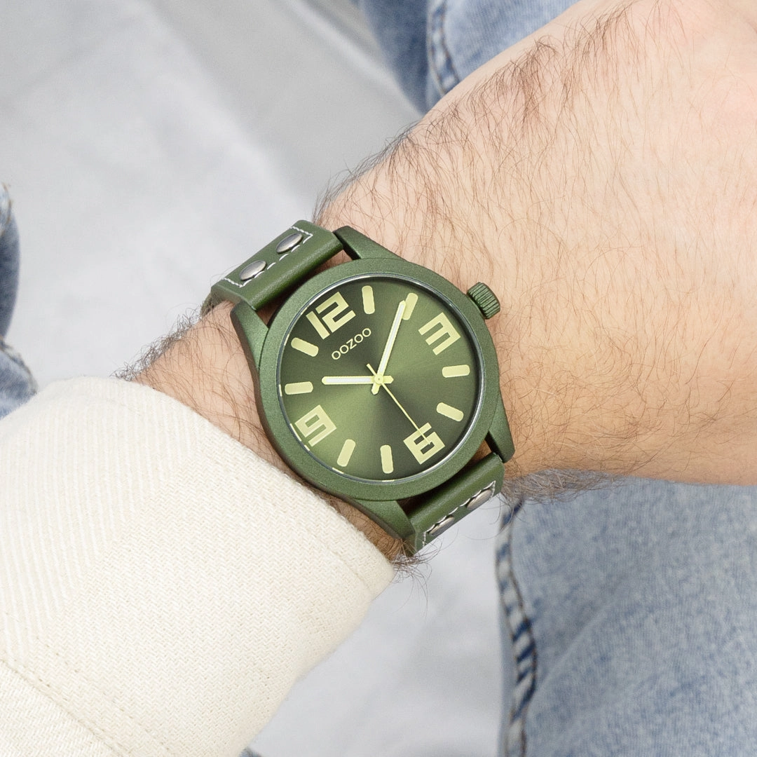 Light blue OOZOO watch with forest green leather strap - C1093