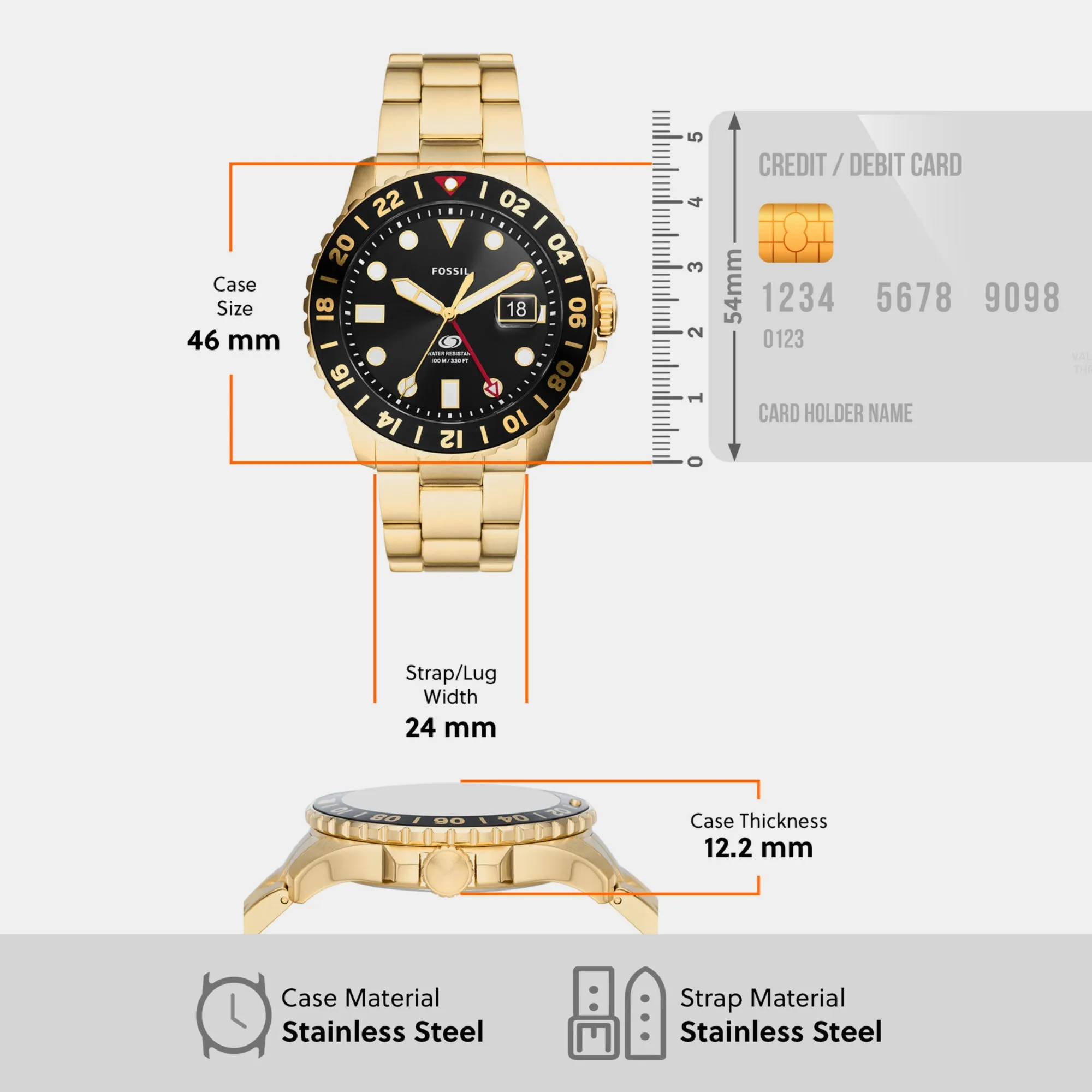 Men Blue GMT Gold Dial Analog Stainless Steel Watch FS5990