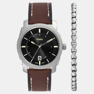 Men Quartz Black Dial Analog Leather Watch FS6081SET