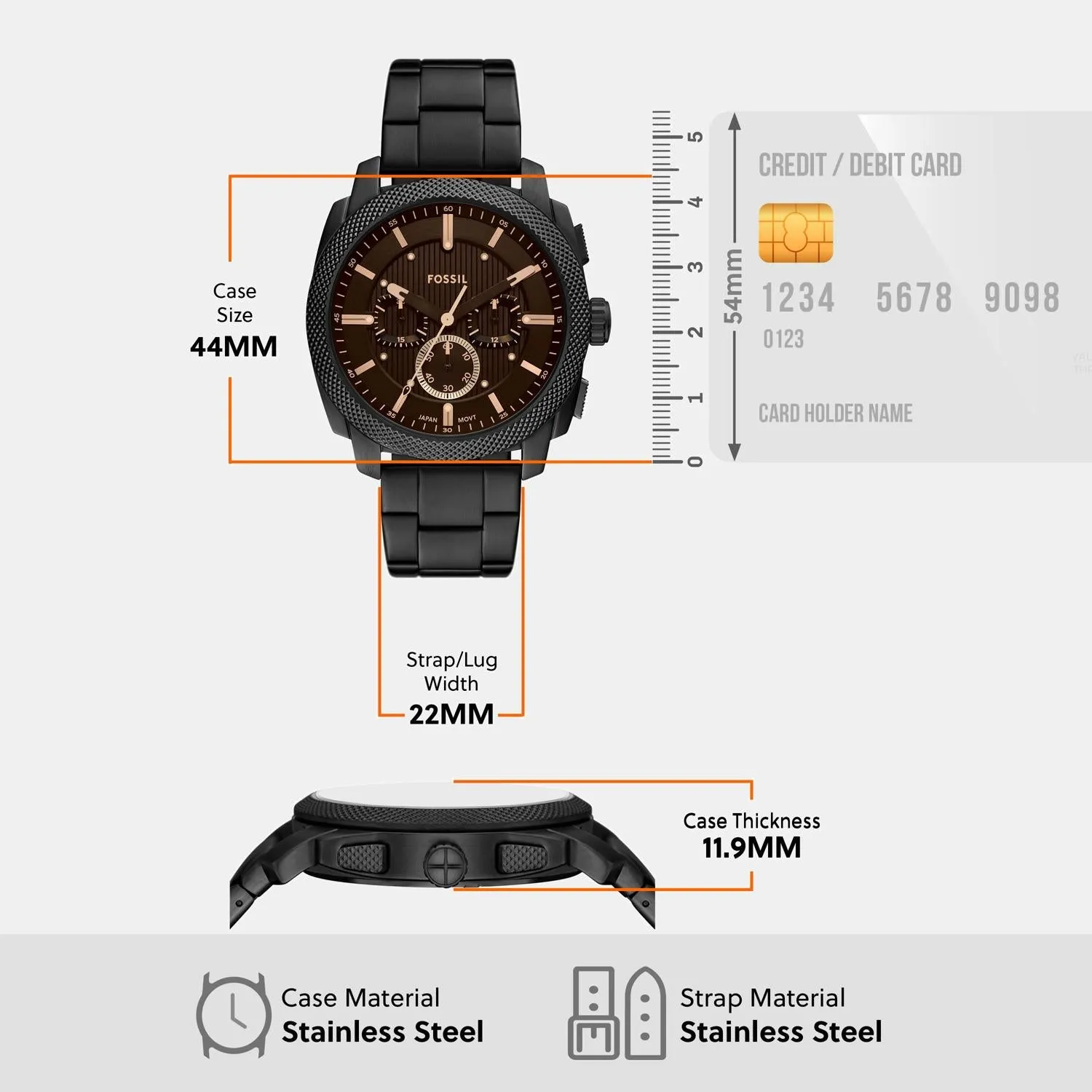 Men Quartz Black Dial Chronograph Stainless Steel Watch FS6097