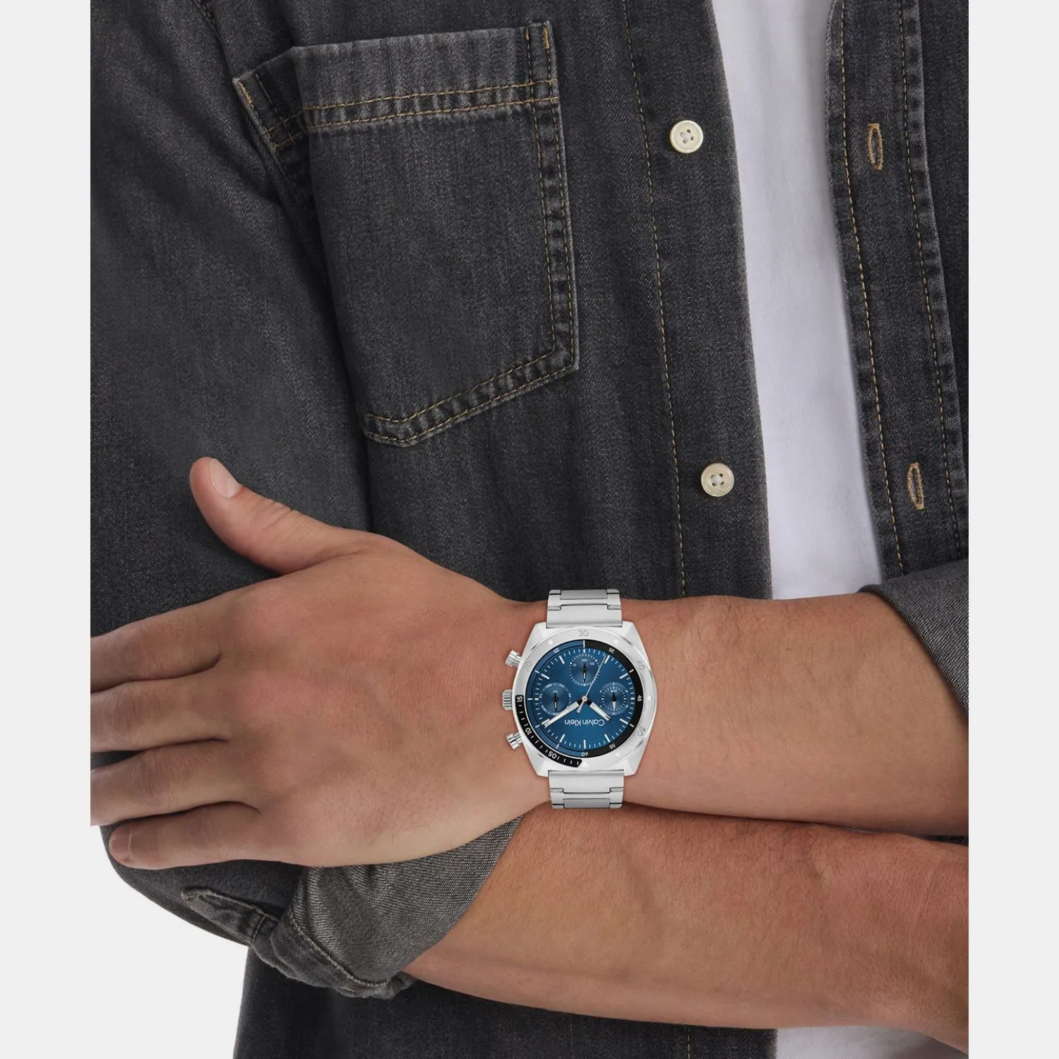 Men Quartz Blue Dial Multi-Function Stainless Steel Watch 25200464