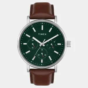 Men Quartz Green Dial Multi-Function Leather Watch TWEG20022