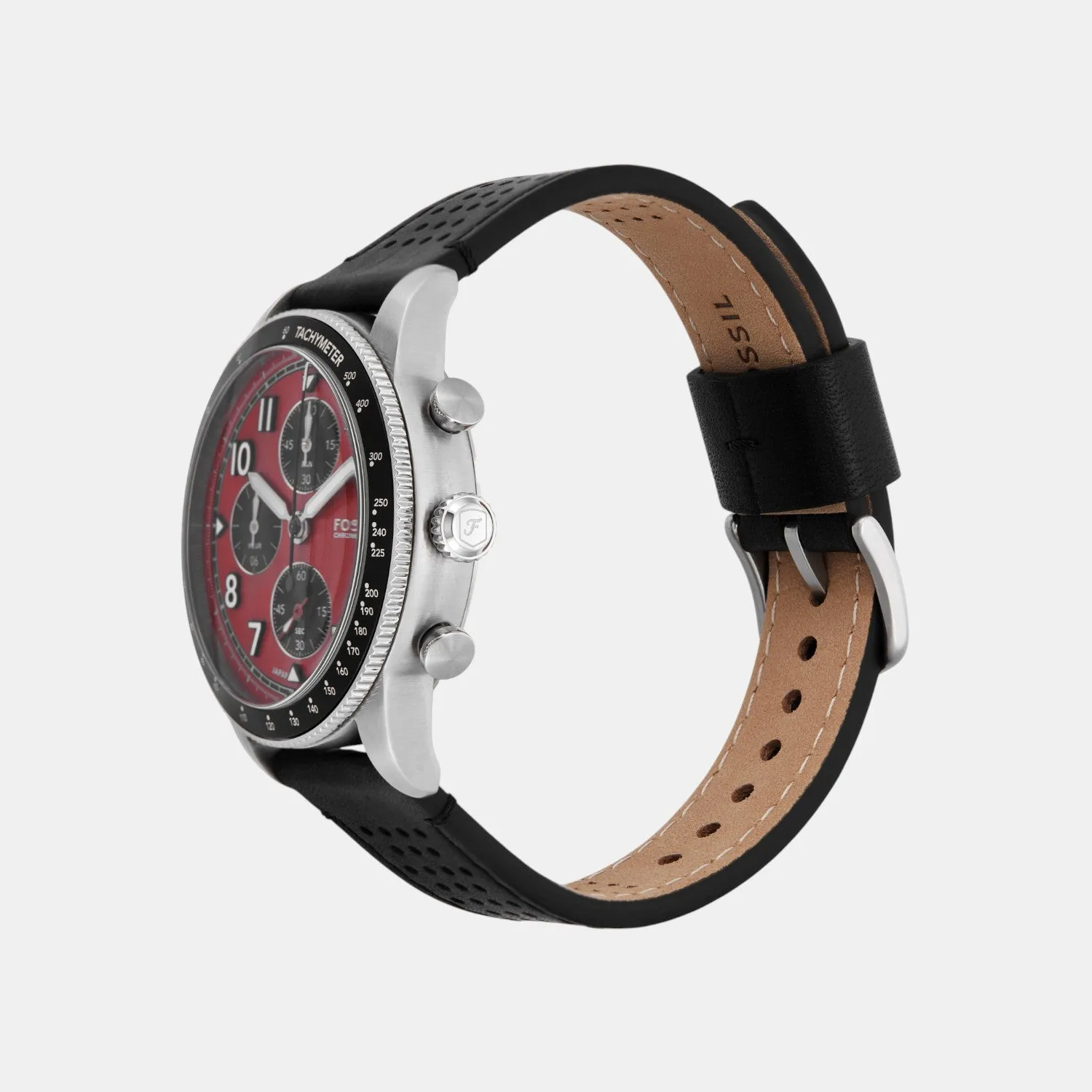 Men Quartz Red Dial Chronograph Leather Watch FS6086
